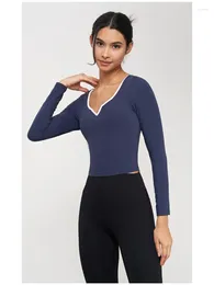 Active Shirts AL0Zen V-Neck Yoga Wear Women's Long Sleeve With Chest Padding Design Tight Short Swing Fashion Gym Top