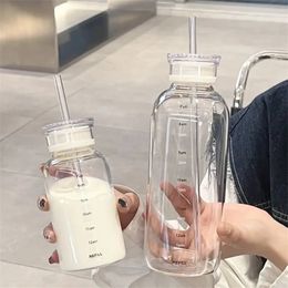 Transparent Glass Water Bottle With Time Scale Milk Juice Coffee Cup Lid And Straw Leakproof Drinking For Travel 240122