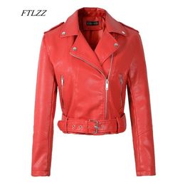 Jackets FTLZZ Women Faux Soft Leather Short Jacket Rivet Epaulet Zipper Pu Motorcycle Basic Jackets Female Red Black Outerwear With Belt