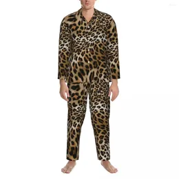 Men's Sleepwear Animal Skin Print Pyjamas Men Leopard Pattern Cute Soft Leisure Nightwear Autumn 2 Pieces Loose Oversized Custom Set