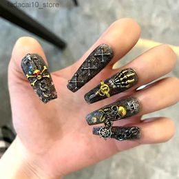 False Nails Skull Design Punk Rock Black False Nails Press On Nails Handmade Halloween Long Coffin Reusable Fake Nail With Glue DIY Manicure Q240122