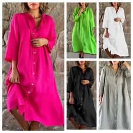 Party Dresses 2024 Loose Fitting Shirt Dress Women's Cotton Linen Solid Color High Waisted Casual Standing Collar Button Long