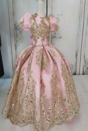 Pink With Gold Appliques Flower Girls Dresses Jewel Neck Satin Short Sleeves Little Girl Wedding Dresses Little Baby Holy Communio3499675