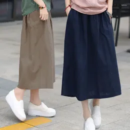 Skirts Woman Fashion 2024 Cotton All-match Elastic Waist Midi Skirt Solid Colour Simple Casual Women's Summer A-line