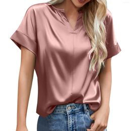 Women's T Shirts Elegant Short Sleeve For Women 2024 Spring Office Ladies V Neck Satin Tops And Blouses Shirt Female Work