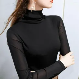 Women's Blouses Regular Fit Women T-shirt Stylish High-collar Padded Mesh Bottom Shirt Slim Long Sleeve With Stretchy Tight