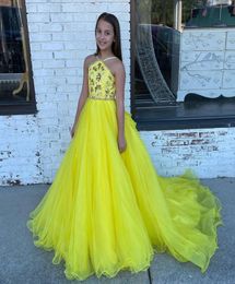 Yellow Pageant Dress for Infant Toddlers Teens 2021 Beading Bodice ritzee roise Organza Long Little Girl Kid Formal Party Gown Zip7226882