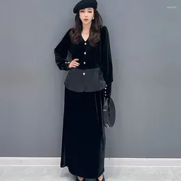 Skirts Elegant Velvet Dress Set For Party Women Black Winter Suit Full Sleeve Collar Cardigan Waist Long Skirt Female Wear Kit