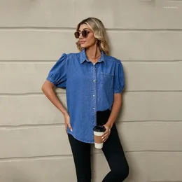 Women's T Shirts Short-sleeve Denim T-shirt 2024 Wash Blue Summer Princess Sleeve Lapel Thin Shirt Casual Top Fashion Girl 1987