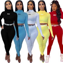 Capris Letter Printed 2 Two Piece Set Women Outfits Activewear Fitness Turleneck Crop Top Leggings Women Matching Set Tracksuit Female