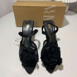 ZA New Product 2024 High Pointed Shallow Mouth Black Rose Blossom Decoration Toe Back Tie Open Heel Sandals for Women