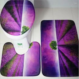 Carpets Three-Piece Flannel Toilet Floor Mat Set With Lavender Printing Cover And Rugs Non-Slip Bathroom Pad