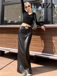 Capris TRAFZA Autumn Winter Women Fashion Sexy Black Back Slit PU Leather Pencil Skirt With Belt Casual Chic Package Hips Long Skirts