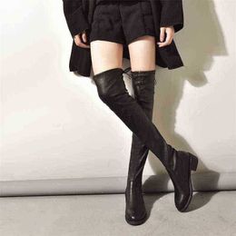 Women Boots Over Knee Leather Boots New Slim in Autumn Winter Womens Plush Flat Bottom Elastic 07091011