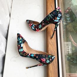 Dress Shoes Flower Printed Women Fabric Pointy Toe High Heel Black Slip On Stiletto Pumps Comfortable Size 33-45