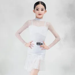 Stage Wear Girls Latin Dance Clothes Long SLeeves WHite Suit Kids Cha Rumba Samba Practise Ballroom Dress BL11369