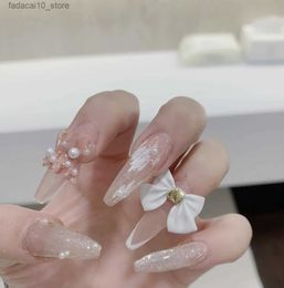 False Nails Fake nails patch white bow skirt manicure wearing a removable manicure Q240122