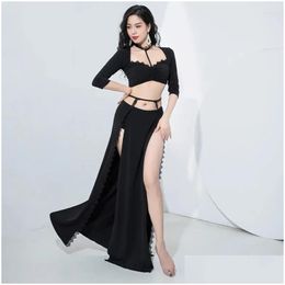 Stage Wear Y Lace Women Dance Clothes Girls Outfit Class Suit For Group Belly Costume Set 2Pcs Halter Top And Long Skirt Drop Delivery Dhzsb