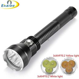 Flashlights Powerful 3 X XHP70.2 LED Tactical Diving Flashlight Underwater 150M White / Yellow Night Dive Catch Fish Video Fill Light Lamp 240122