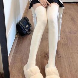 Women Socks Solid Colour Wool Knit Stockings For Girl Autumn Spring Striped Thigh High Long JK Korean Over Knee Lingerie