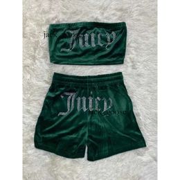 Juicy Women's Two Piece Pants Juicy Apple Velvet Sexy with Drill Fashion Tube Crop Top Casual Drawstring Shorts Set Loose Tracksuit Juciy Track Suit 285
