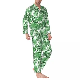 Men's Sleepwear Palmtree Leaves Spring Tropical Plants Print Loose Oversized Pyjama Set Men Long Sleeves Kawaii Sleep Design Home Suit