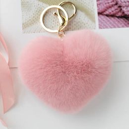 Keychains 1pcs 8cm Real Pink Heart Keychain Pompom Car Keyring Gold Color Chains Pompons Cute Bag Charm For Women R70