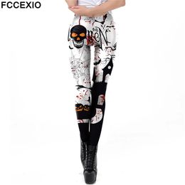 Capris FCCEXIO Classic Halloween Print Leggings Women Sexy Workout Pants Skull Autumn Slim Leggings Woman Trouser High Waist Pants