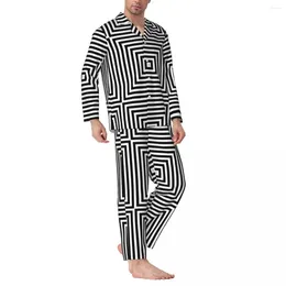 Men's Sleepwear Pajama Sets Square Optical Illusion Comfortable Men Long Sleeves Loose Night 2 Pieces Nightwear Big Size