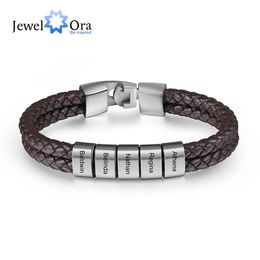 Bracelets Customised Engraved Name Bead Bracelets for Men Personalised Family Brown Leather Bracelet New Year Gift for Father/ Boyfriend