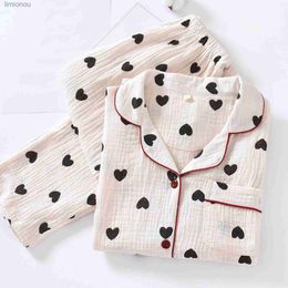 Women's Sleep Lounge 2pcs Heart Print Pajamas Suit WomenS Spring Autumn Nightwear Turn Down Collar Shirt Pant Fashion Ladies Loose Casual SleepwearL240122