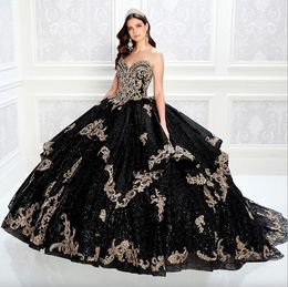 Abiti di quinceanera gotica nera vintage 2024 Appliques in pizzo dorato abito da ballo in perline da ballo luccicanti paillettes Lady Brithday Abito da festa Long 15 16 anni Abito da ragazze S