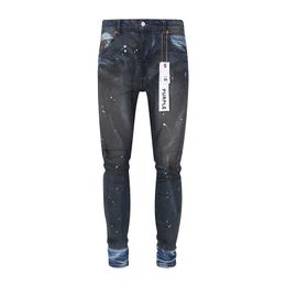 Men's Jeans Purple brand new high street trendy brand black washed and ground white splashed ink graffiti slim fit jeans for men