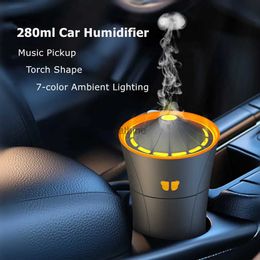 Humidifiers Torch Shape Pick Up Music Colourful Ambient Light 280ml Aromatherapy Timer Portable Desktop Air Humidifier for Car Home YQ240122