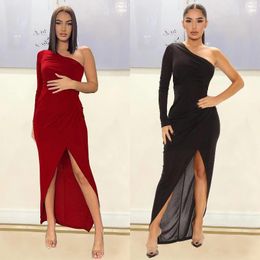 Casual Dresses SKMY Autumn Women Clothing Sexy Evening Party Dress Irregular One Shoulder Long Sleeve Bodycon Split Solid Color