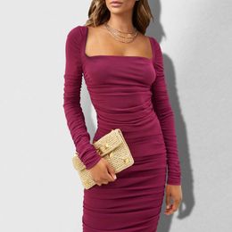 Casual Dresses Square Neck Pleated Maxi Dress Solid Colour Women Elegant Long Backless Sexy Tunic Slim Fit Simple Daily Outfit