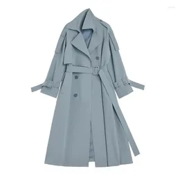 Women's Trench Coats Long Blue Coat 2024 Spring Autumn Fashion Double-breasted Belt Slim Sleeve Windbreaker Female Outerwear