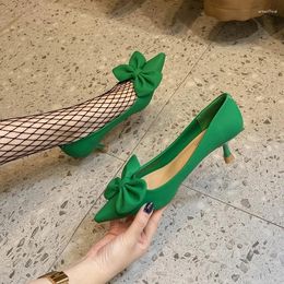 Dress Shoes Green Bow High Heels Female Korean Version Pointy Thin Heel Fashion Slip-on Soft PU Leather