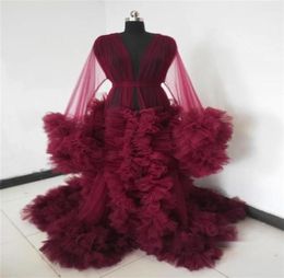 Real Image Women Night Gown Pajama Dark Red Bathrobe Bride Sleepwear Ruffles Soft Tulle Robes Custom Made Pregnant Dress3334370