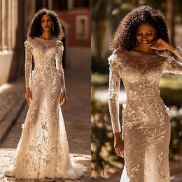 Fancy 3D-Floral Appliques Mermaid Wedding Dresses with Detachable Train Illusion Bridal Gowns Bride Dresses Custom Made