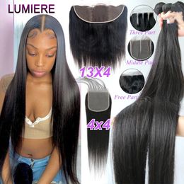 30 32 40 Inch Bone Straight Bundles With Frontal Closure Peruvian HD Lace Closures With Bundles Hair Weave Bundles With Closure 240118