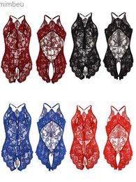 Sexy Set Sexy Open Crotch Blue Lingerie Women Lace Teddy Bodysuit Plus Size Erotic Babydoll Dress Deep V Bra Underwear SetL240122