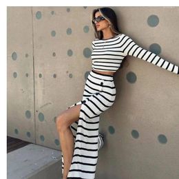 Skirts Fashionable Classic Black And White Striped Long Sleeved Short Top Button Up Skirt Set