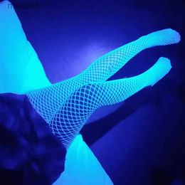 Socks Hosiery Luminous Blue Sexy Fishnet Stockings One-pieces Mesh Leggings Tights High Waist Perspective Glow In The Dark Lingerie Socks YQ240122