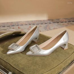 Dress Shoes EVACANDIS Sheepskin High Heels Women's Pointy Temperament Diamond-Square Buckle In Thick Heel