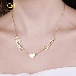 Bracelets Qitian Custom Two Name Heart Necklace Gold Stainless Steel Pendants Statement Personalised Name Chain For Women Gift Jewellery