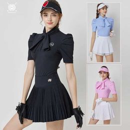 Blktee Golf Shirt Women Puff Short Sleeve T-shirt Slim Golf Top With Bownot Tie Summer Ladies Shorts Skirt Pleated Skorts Sets