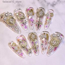 False Nails Luxury Glitter Rhinestone Pearl Full Cover False Nails Tips Handmade Long Stiletto Coffin Acrylic Fake Nail With Glue Manicure Q240122