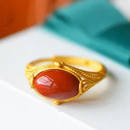 Cluster Rings Court Style Natural South Red Agate Ring Big Egg Noodles S925 Sterling Silver Ancient Gold Craft Female Open