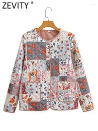 Women's Trench Coats ZEVITY Women Fashion O Neck Cloth Pathcwork Floral Print Casual Cotton Padded Quilted Jacket Female Chic Pocket Coat